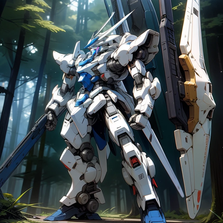 masterpiece, highest quality, Very detailed, 16k, Ultra-high resolution, Mobile Suit, White and blue body color, Beam rifle in right hand, Shield in left hand, forest, Stand in the center