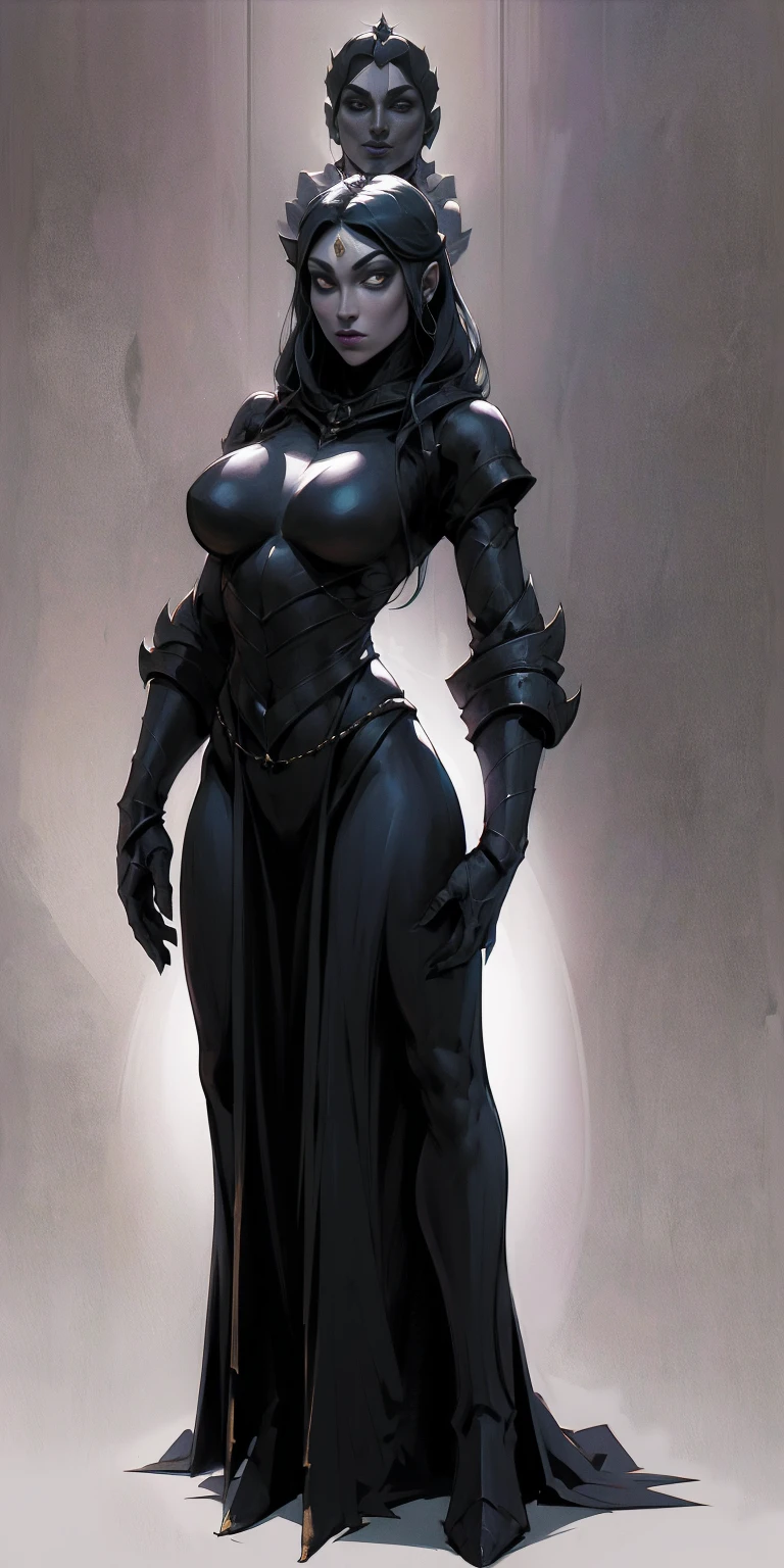 (plain background) full body looking to viewer standing straight symmetrical against contrapposto