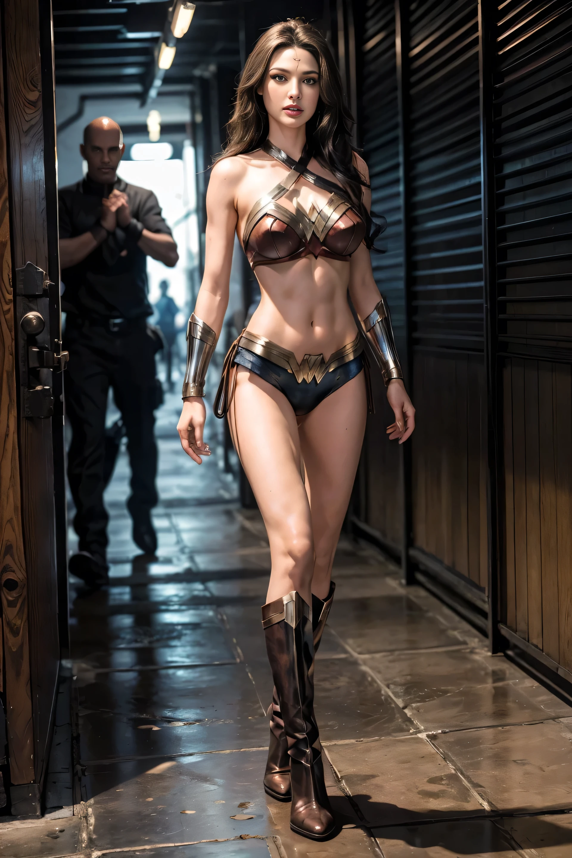 full body dark superheroine aka wonder woman, dark leather outfit, photorealistic leather boots, black long hair, black eyes, red lips, perfect hands, big breast, broad athletic shoulders, thin waist, long muscular legs, perfect hands, perfect legs, perfect breasts, detailed hands, perfect eyes, detailed eyes, perfect stomach, cool, measured sexy, perfect legs, perfect breasts, detailed hands, perfect eyes, detailed eyes, perfect stomach, cool, measured sexy, in a narrow corridor of a scary maze, twilight, dense fog, dirty floor with a startled expression