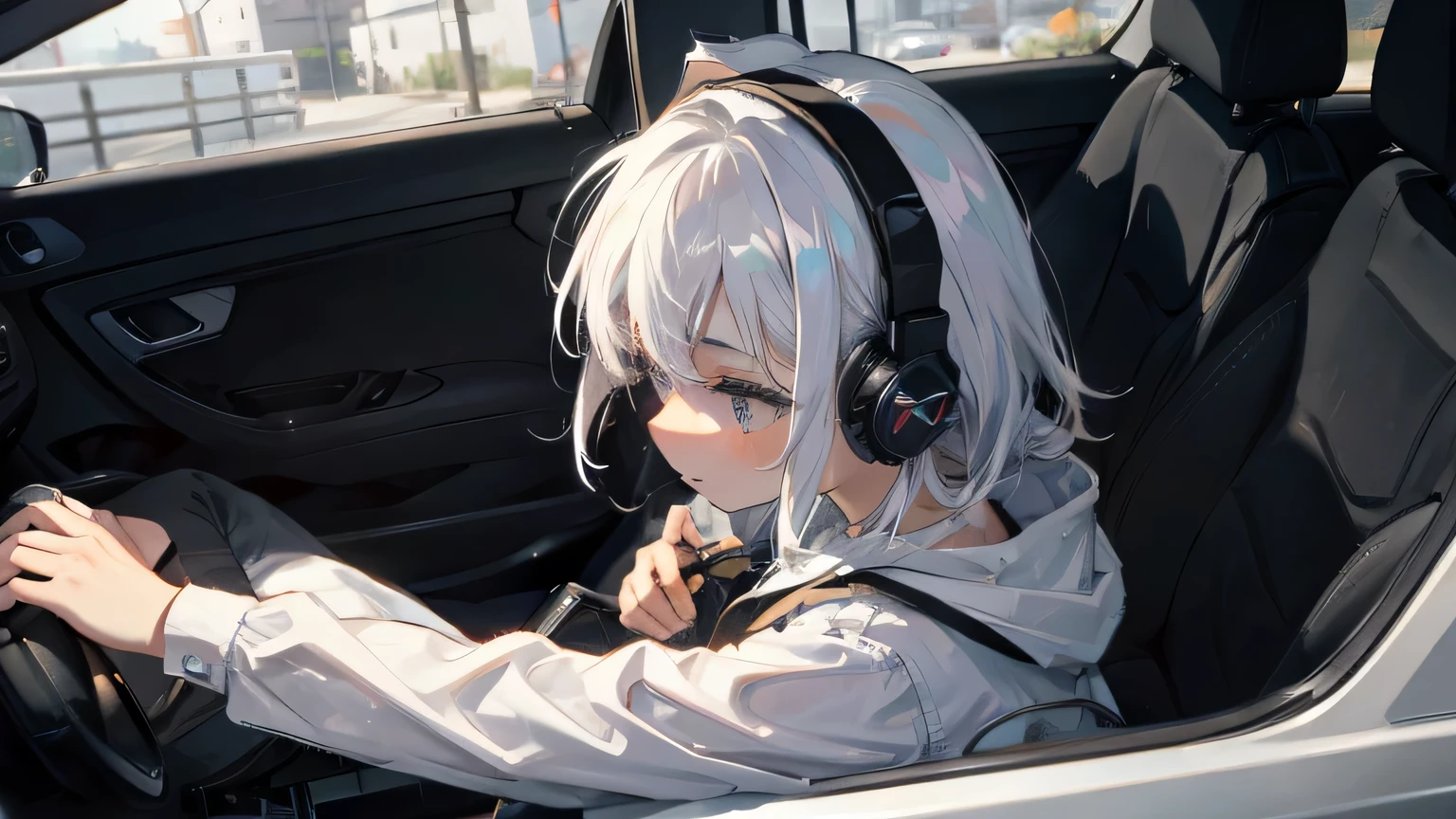 1 girl with a headphone, white hair color, driving in the car