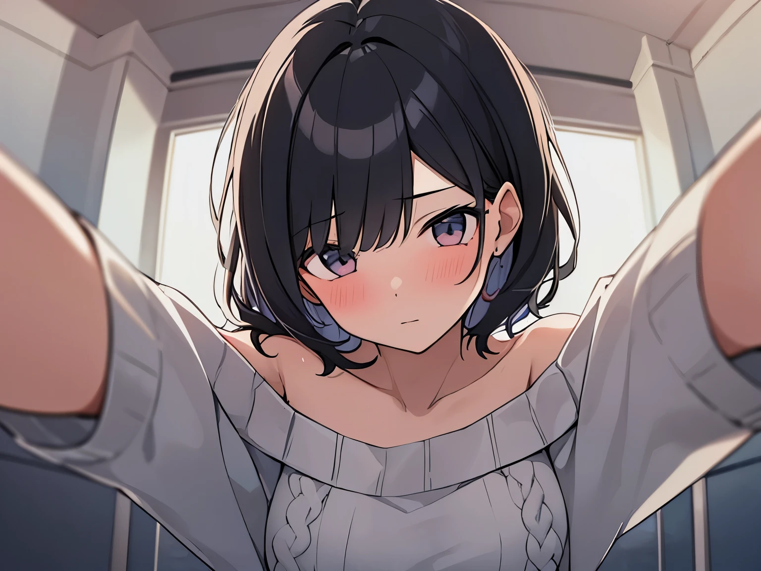 Masterpiece, Top quality, Worm eye view:1.5 ,kabedon pov, 1 beautiful girl, solo, 1boy and 1girl, looking down, straddling ,on all fours, black hair, short hair, wave hair,, medium breasts, standard weight,  (Off-the-shoulder sweater:1.3), imminent kiss blush :1.5, (beautiful scene of ceiling) ,close up of face:1.2,  (reaching out her arms :1.2)