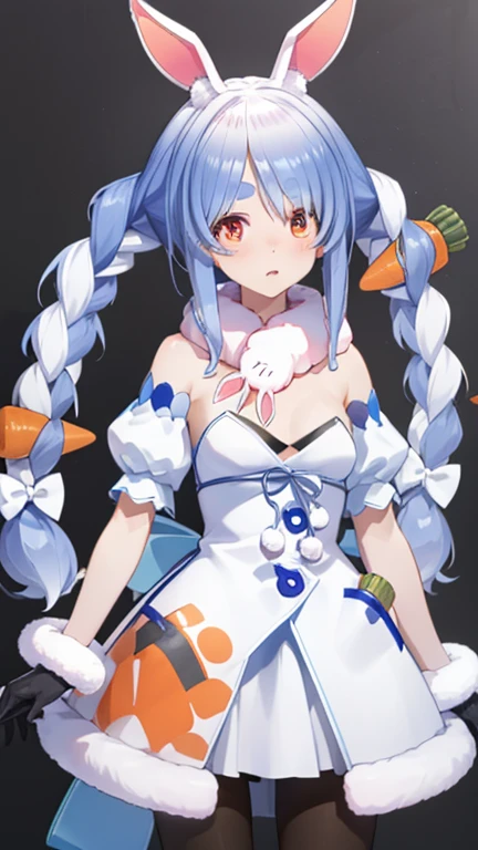 Used Pekora, Animal ears, Blue Hair, Braiding, carrot hair ornaments, food-themed hair ornaments, hair ornaments, Multicolored Hair, (Red eyes:1.5), Bunny ears, twin Braidings, Twin tails, Two-tone hair, Strapless, Strapless dress, (white dress:1.5), black gloves, black pantyhose, bow, Bridal Garter, Removable sleeves, dress, Fur scarf, Fur trim, fur-trimmed dress, fur-trimmed gloves, gloves, pantyhose, puffy Removable sleeves, Puffy sleeves, red bow, Breaking the comfort of your home, Japan, wallpaper, ((4K UHD)), detailed