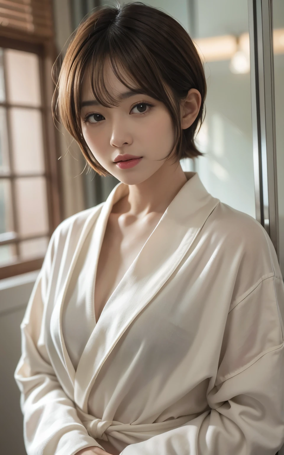 cute 21 year old japanese、Bathroom、wearing a bathrobe、super detail face、eye for details、double eyelid、beautiful thin nose、sharp focus:1.2、Beautiful woman:1.4、(light brown hair,short cut hair, ),pure white skin、highest quality、masterpiece、Super high resolution、(Photoreal:1.4)、A glimpse of the chest、