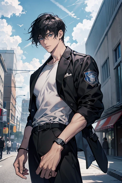 Part;0.9, man, 18 years, black hair, Blue eyes, metal knuckles, White shirt, black jacket police, Mainly cloudy, student, full length
