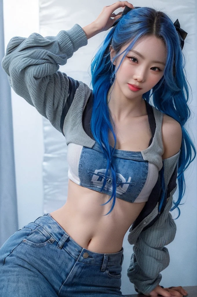 (obra-prima:1.3), (8k, Photorealistic, Fotografia crua, Qualidade de imagem superior: 1.4), High girls in Korea、(Random hairstyles:1.2)、decote do peito:1.5、Rosto super detalhado、Olho de detalhe、Double eyelid、Junte seu peito、sharp focus:1.2、mulher bonita:1.5、cabelo azul、hidden hand, kim yoohyeon, Maximum quality、obra-prima、Super high resolution、(Photorealistic:1.4)、Highly detailed and professional lighting smile、Malhas soltas e leves、Ombro para fora、delgado、serious facial expression、cabelo curto、Fatal position