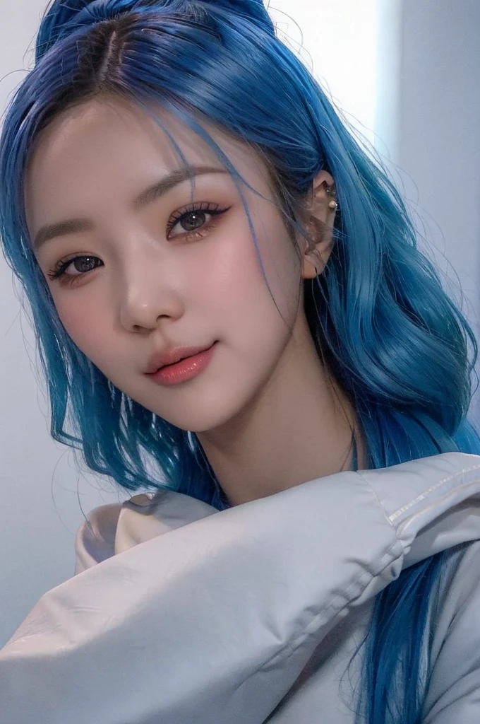 (obra-prima:1.3), (8k, Photorealistic, Fotografia crua, Qualidade de imagem superior: 1.4), High girls in Korea、(Random hairstyles:1.2)、decote do peito:1.5、Rosto super detalhado、Olho de detalhe、Double eyelid、Junte seu peito、sharp focus:1.2、mulher bonita:1.5、cabelo azul、hidden hand, kim yoohyeon, Maximum quality、obra-prima、Super high resolution、(Photorealistic:1.4)、Highly detailed and professional lighting smile、Malhas soltas e leves、Ombro para fora、delgado、serious facial expression、cabelo curto、Fatal position