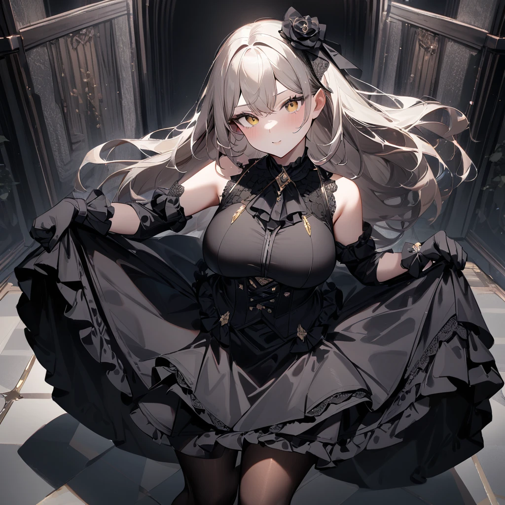 1 girl,best quality, very aesthetic,absurdres,looking at viewer,front view,Lovely lady,,skirt lift,high-grade,layer,westfrill,light hair,multilayer,blackcolor,trim,(side-Crisscross),breasts,upscale,Layered,yellow pale,blackglove,pantyhose,lovely,all black,Sleeveless,open stance,curtsey,impossible_clothes,half up,blouse,spread out,down