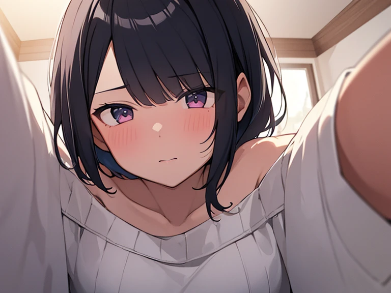 Masterpiece, Top quality, Worm eye view:1.5 ,kabedon pov, 1 beautiful girl, solo, 1boy and 1girl, looking down, straddling ,on all fours, black hair, short hair, wave hair,15 year old, medium breasts, standard weight,  (Off-the-shoulder sweater:1.3), imminent kiss blush :1.5, (beautiful scene of ceiling) ,close up of face:1.2,  (reaching out her arms :1.2), Hanging Hair