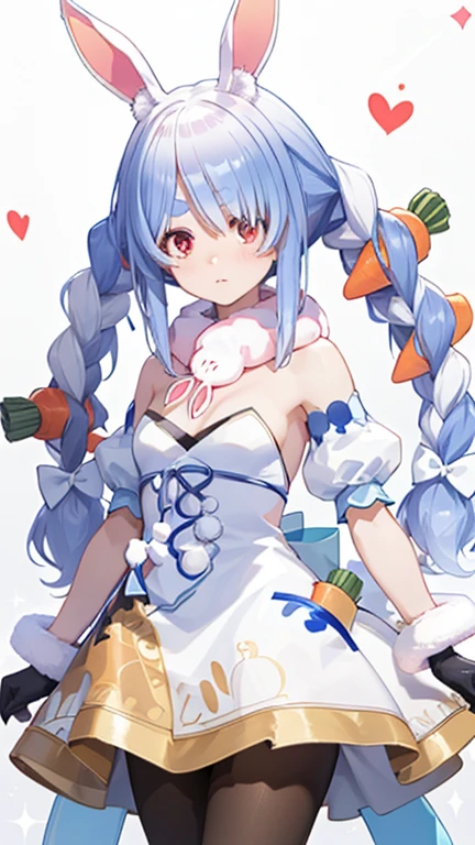 Used Pekora, Animal ears, Blue Hair, Braiding, carrot hair ornaments, food-themed hair ornaments, hair ornaments, Multicolored Hair, (Red eyes:1.5), Bunny ears, twin Braidings, Twin tails, Two-tone hair, Strapless, Strapless dress, (white dress:1.5), black gloves, black pantyhose, bow, Bridal Garter, Removable sleeves, dress, Fur scarf, Fur trim, fur-trimmed dress, fur-trimmed gloves, gloves, pantyhose, puffy Removable sleeves, Puffy sleeves, red bow, Breaking the comfort of your home, Japan, wallpaper, ((4K UHD)), detailed