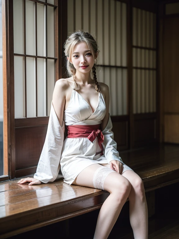 (masterpiece, best quality:1.2),Reality, high resolution, Soft Light,1 Woman, Solitary, Hip lift, View Viewer, (Delicate face), Smile,beautiful girl, Hanfu, east asian architecture,scabbard,architecture, Black over-the-knee stockings, Large Breasts,open chest,Show your shoulders,Long silver-white hair,Long hair after vigorous growth,(braid,細braid,braid在臉二側),Headbands, Upper Body, Jewelry, Extra long ribbon, legs open,sit