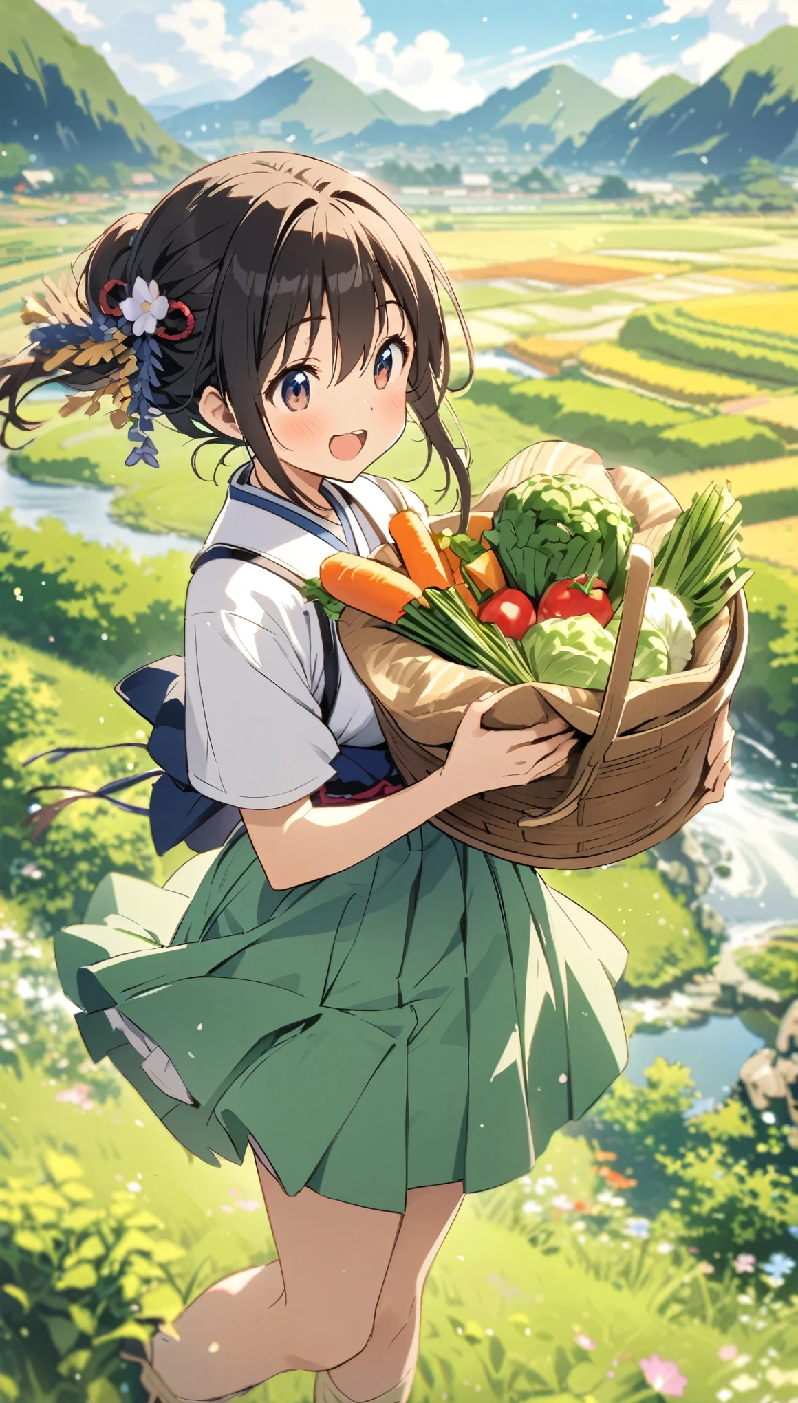 Japanese Landscape、field、vegetables、Harvesting girl、Asahi、cute