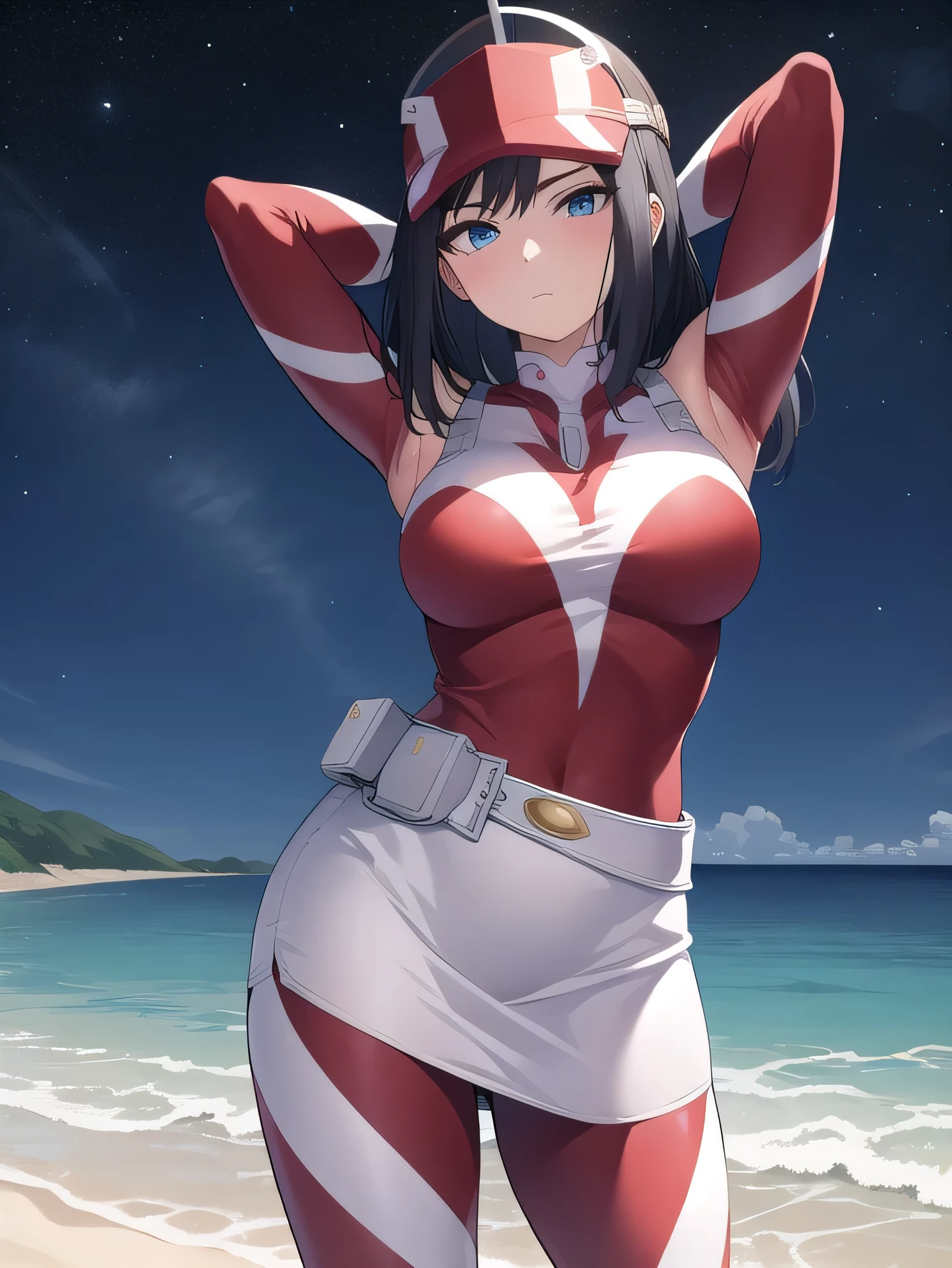 kodaiyui, visor cap, red and white bodysuit, long sleeves, belt, white skirt, closed mouth, solo, (cowboy shot:1.5), night sky, beach, arms behind head, contrapposto, spread armpits, looking at viewer, best quality, expressionless