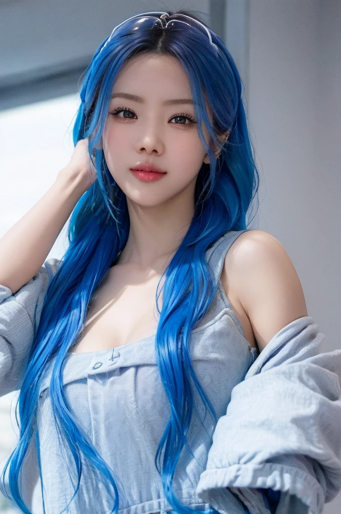 (obra-prima:1.3), (8k, Photorealistic, Fotografia crua, Qualidade de imagem superior: 1.4), High school girls in Korea、(Random hairstyles:1.2)、decote do peito:1.8、Rosto super detalhado、Olho de detalhe、Double eyelid、Junte seu peito、sharp focus:1.2、mulher bonita:1.3、cabelo azul、hidden hand:1.2, kim yoohyeon, Maximum quality、obra-prima、Super high resolution、(Photorealistic:1.4)、Highly detailed and professional lighting smile、Malhas soltas e leves、Ombro para fora、delgado、serious facial expression、cabelo curto、Fatal position