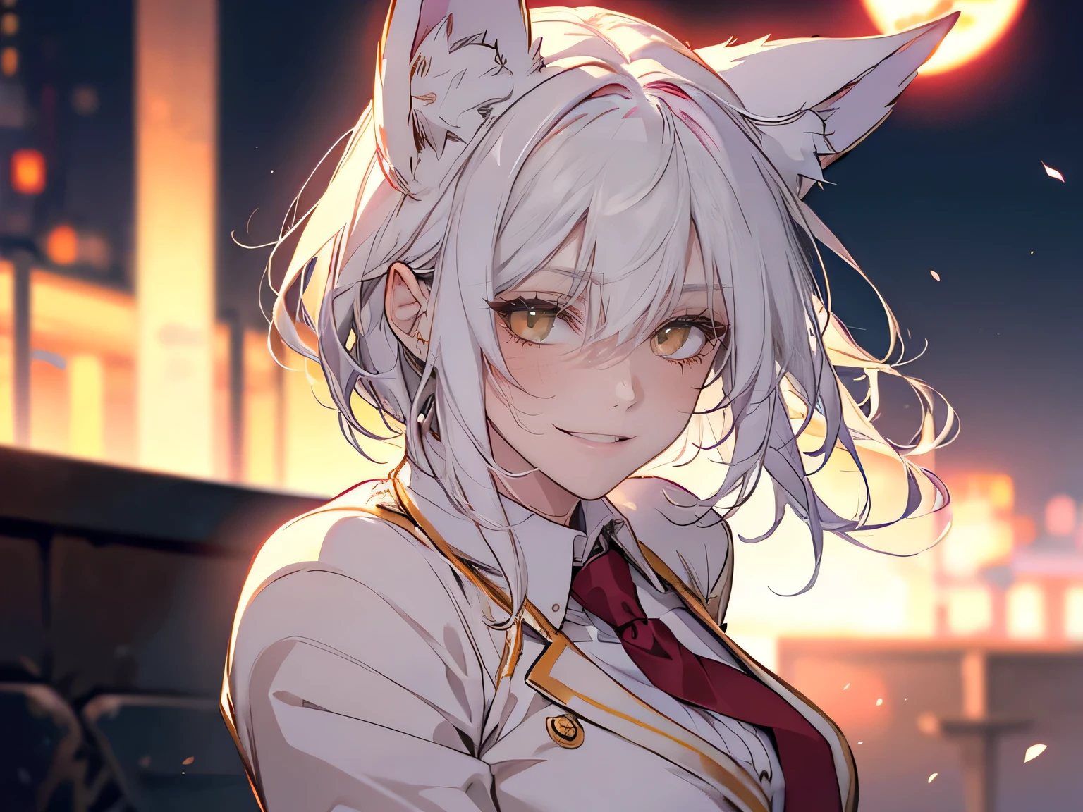 1female, teacher, wearing a white suit, red tie, bootyshorts, pink fox ears, Thicc, white hair, short hair, glowing yellow eyes, face to detail, detailed eyes, the background is a dark place, smiling, and laughing. Close up.