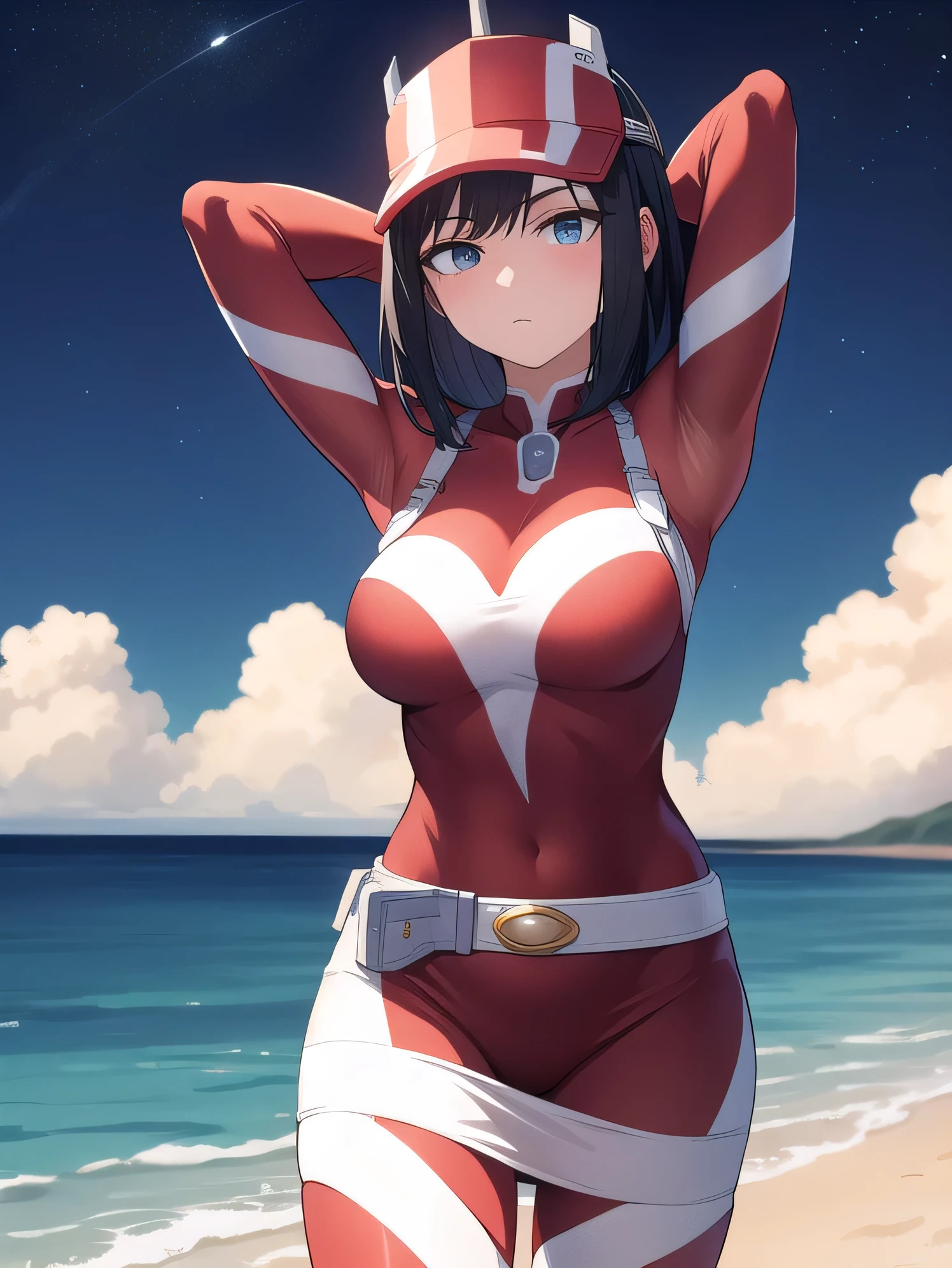 kodaiyui, visor cap, red and white bodysuit, long sleeves, belt, white skirt, closed mouth, solo, (cowboy shot:1.5), night sky, beach, arms behind head, contrapposto, spread armpits, looking at viewer, best quality, expressionless