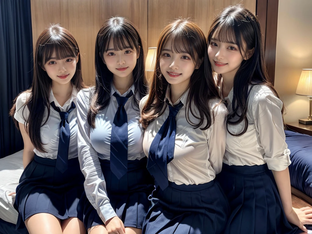 (8K, Raw photography, top-quality, masterpiece:1.2), ((3 beatiful girls))、.(Realistic Skins 1.4)、(((female high-school student、School Uniforms、)))、{{(The background is a luxury hotel room}}((School Uniforms、white Cutter shirt、darkblue pleatedskirt))、((long hair))、(A dark-haired、The forehead is hidden by bangs、)、Black eyes、shinny skin.Beautiful delicate face、Beautiful delicate eyes、{Voluptuous body shape、Thicker thighs}、One piercing in each ear、((smile:1.3)),((large breasts)), ((navy blue tie)) ,looking at camera, ((close up))