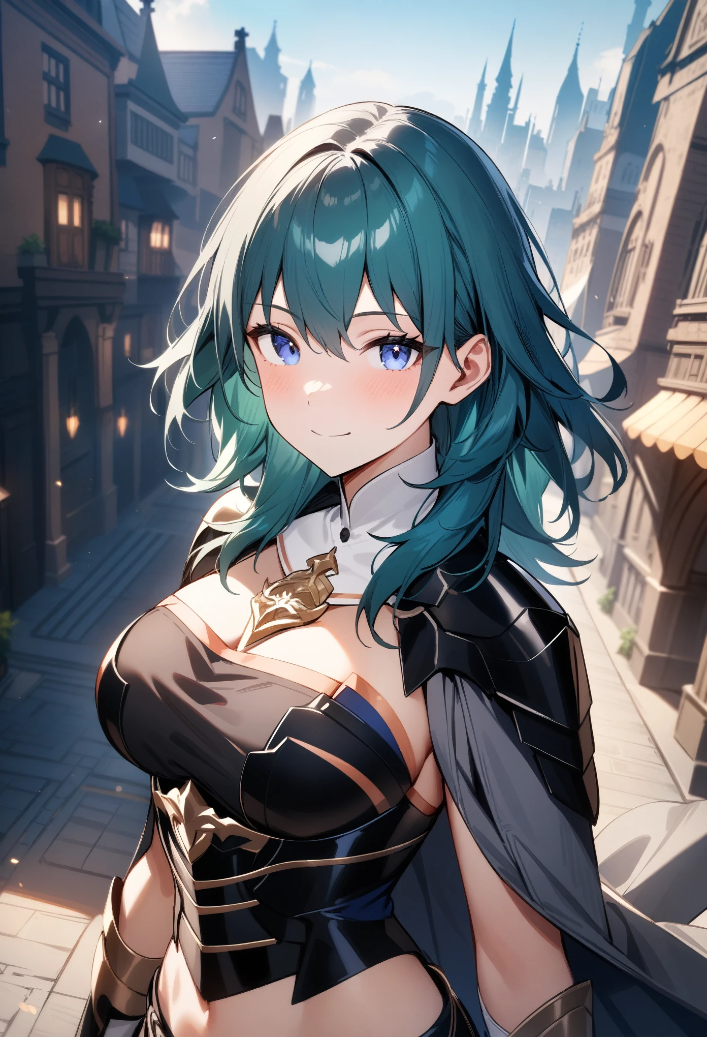 masterpiece, best quality, very aesthetic, absurdres, 1girl, byleth\(female)\(fire emblem), fire emblem, looking at viewer, upper body, breasts, jacket on shoulders, bodice, armor, midriff, detached collar, strapless, light smile, city, cinematic angle