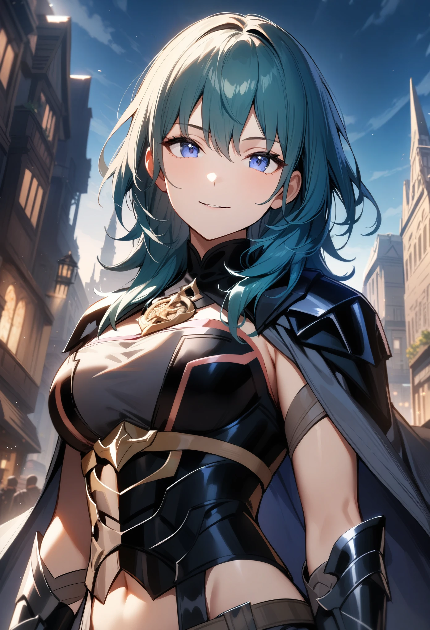 masterpiece, best quality, very aesthetic, absurdres, 1girl, byleth\(female)\(fire emblem), fire emblem, looking at viewer, upper body, breasts, jacket on shoulders, bodice, armor, midriff, detached collar, light smile, city, cinematic angle