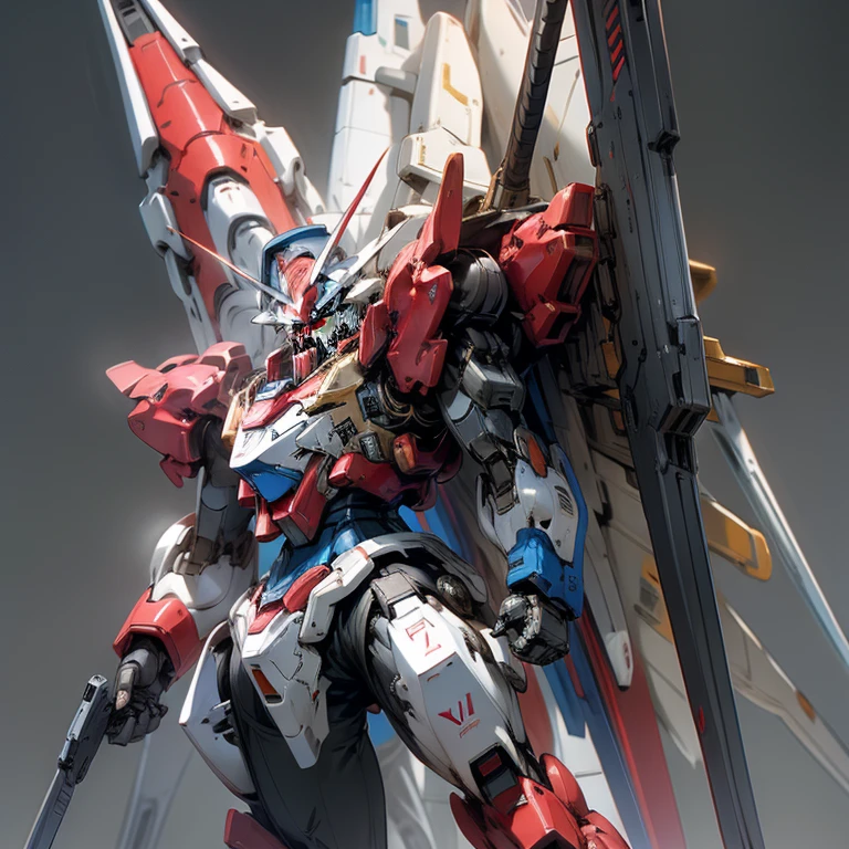 masterpiece, highest quality, Very detailed, 16k, Ultra-high resolution, Mobile Suit, White and blue with red body color, Beam rifle in right hand, Shield in left hand, Shoot a beam