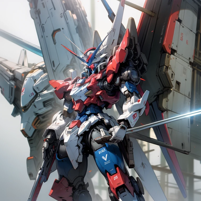 masterpiece, highest quality, Very detailed, 16k, Ultra-high resolution, Mobile Suit, White and blue with red body color, Beam rifle in right hand, Shield in left hand, Shoot a beam