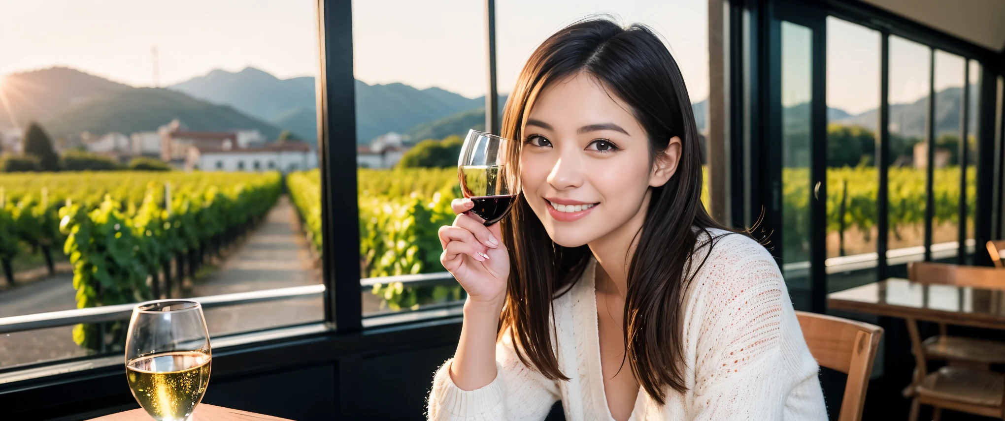 ((highest quality、8k、masterpiece:1.3))、1 male 1 female、Couple、spouse、Couple、slimなボディ、((Bob Hale、Straight hair:1.2)), (Realistic, Intricate details:1.2), テーブルにwine glass、Shine light on your face、 Amazing view of the sunset sky and clouds、Amazing mountain views、ニコニコ明るいsmile、smileの素敵、Bright image、The beauty of wine, Beautiful Face, blue eyes, The light shines on your face, Blushing, short hair,Bright Face、 (Age 37), 39 years old, red wine 、Appetizers、Italian food、Wine bottle、Champagne、sparkling wine、Two beauties、Brown Hair、Shortcuts、Long sleeve shirt、dress、Pretty Woman 1, (slimな顔), (The body is slim), (Brown Hair), (Shortcuts), cheeks turn a little red,Attractive beauty、restaurant, In a prominent place (From the waist up) Nova Frog Style, actress, model, Upper Body, White wine, slim, wine glass, 真ん中に置かれたwine glass, smile, (smile: 1.15), Beautiful fine grain, Depth f/2,saturation, High Contrast, Strong light and shadow,Moist Body:1.5、3D texture、Delicate eyes、Brown Hair、The hair is very shiny、