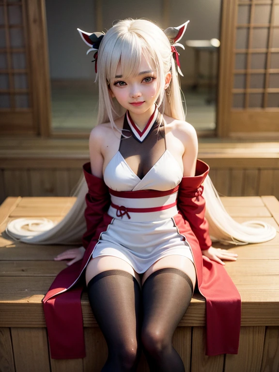 (masterpiece, best quality:1.2),Reality, high resolution, Soft Light,1 Woman, Solitary, Hip lift, View Viewer, (Delicate face), Smile,beautiful girl, Hanfu, east asian architecture,scabbard,architecture, Black over-the-knee stockings, Large Breasts,open chest,Show your shoulders,Long silver-white hair,Long hair after vigorous growth,(braid,細braid,braid在臉二側),Headbands, Upper Body, Jewelry, Extra long ribbon, legs open,sit