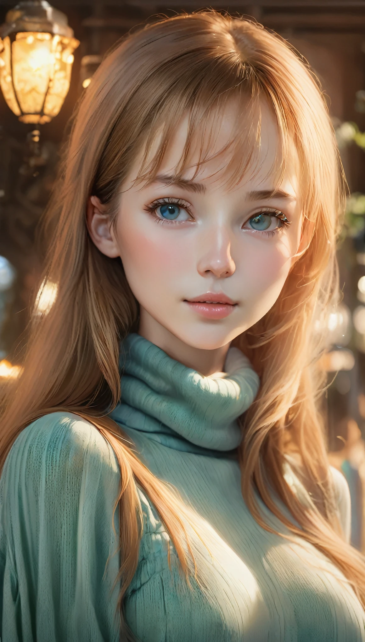 One Woman、(超High resolution, retina, masterpiece, Accurate, anatomicaly_correct, texture_skin, wonderful_Familiar, expensive_Familiars, expensive_quaLightingy, Highest_quaLightingy, expensive_response, 1080p, High resolution, 4K, 8k, 16k), (beautiful_Familiared_eyes, beautiful_Familiared_lips, very_Familiared_eyes_and_face), soft_Lighting, Physics-based_rendering, wonderful_color, (big_chest:1.5), (Shiny_hair, Shiny_skin, Sunburned_skin, blush), (前hair:1.5), eye_reflection, (Bokeh), 笑face_and_笑face, (No sleeve_turtleneck_knit:1.5), From below,