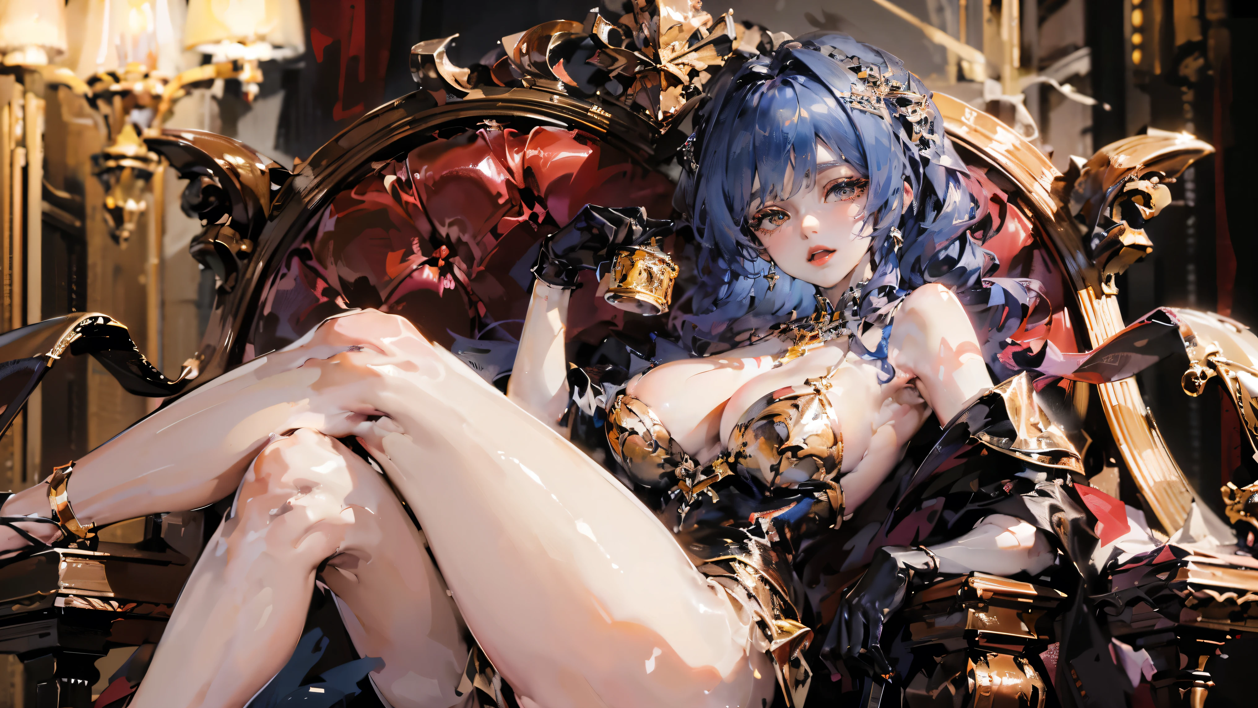 ((best quality)), Jewelry Package)),((1 Obese girl))From the back,Cross your legs,Dark blue hair,Sleeping on the throne,Gold-tone heel,((Gloves)),(Nikolai Fehin),( Fisher, ),The background is a banquet,Luxurious,Drinks,Food in hand