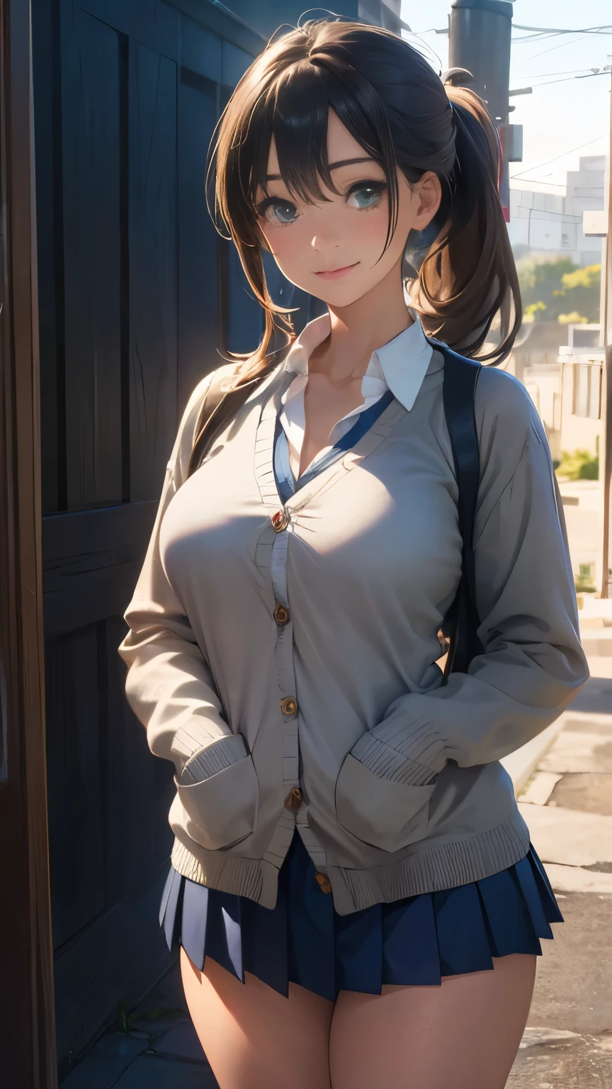 nsfw,(masterpiece:1.2, highest quality), (Realistic, photoRealistic:1.4), Beautiful illustrations, (Natural Side Lighting, Cinema Lighting),
View Viewer, Cowboy Shot, Front view:0.6, 1 girl, Japanese, high school girl, Perfect Face, Cute and symmetrical face, Shiny skin,
(Long Hair:1.4, High Ponytail:1.7, Light brown hair), Hair between the eyes, Emerald green eyes, Long Eyelashes, (Big Breasts:0.9, Thick thighs),
Beautiful Hair, Beautiful Face, Beautiful fine details, Beautiful clavicle, Beautiful body, Beautiful breasts, Beautiful thighs, Beautiful feet, Beautiful fingers,
((White collared shirt with long sleeves, Navy pleated mini skirt, Navy them, Light Gray Cardigan)), Showing off her pink panties、
(Beautiful views), evening, River side, (Cute smile, Upward glance), She's lifting up her skirt:1.5、Don't show your teeth、Showing off her breasts:1.5、The button is unbuttoned、Clothes are open、Open the shirt