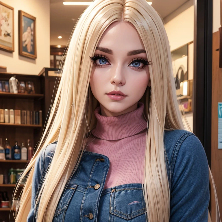 Woman blonde straight hair black roots brown eyes big eyelashes lips pink wool sweater blue jeans 