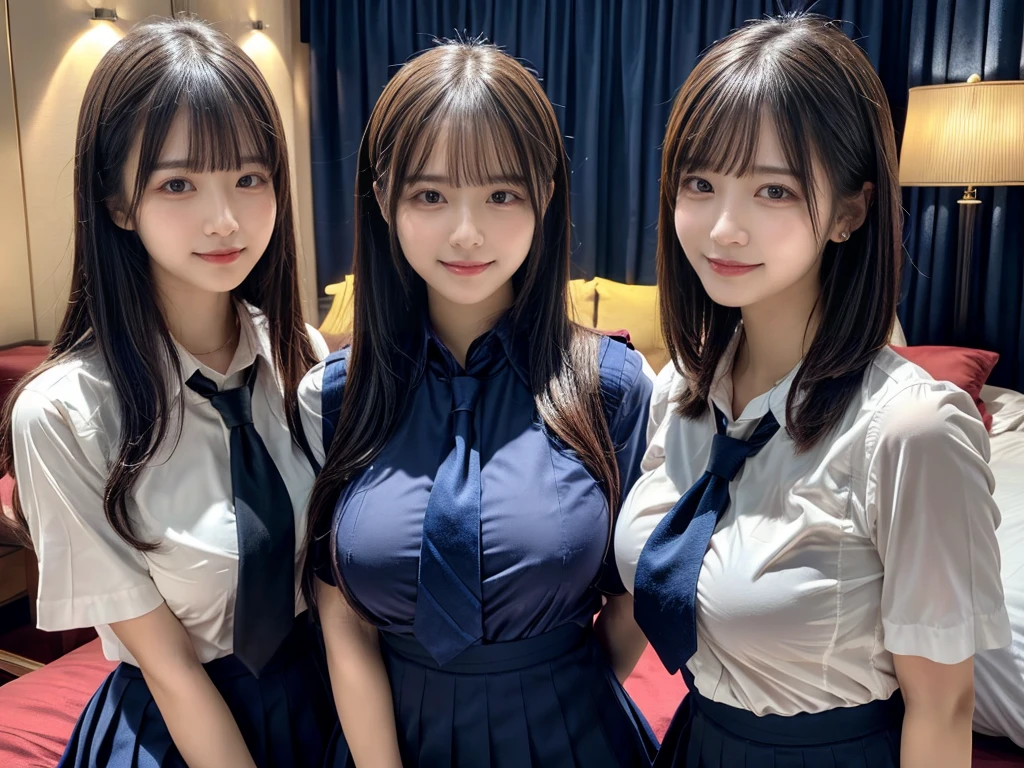 (8K, Raw photography, top-quality, ​masterpiece:1.2),  ((3 beatiful girls))、.（Realistic Skins 1.4）、（（（female high-school student、School Uniforms、）））、{{‎(The background is a luxury hotel room}}（（School Uniforms、white Cutter shirt、darkblue pleatedskirt))、（(long hair)）、((One has short hair)),（A dark-haired、The forehead is hidden by bangs、）、Black eyes、shinny skin.Beautiful delicate face、Beautiful delicate eyes、｛Voluptuous body shape、Thicker thighs｝、One piercing in each ear、((smile:1.3)),((large breasts)), ((navy blue tie)) ,looking at camera, ((close up))