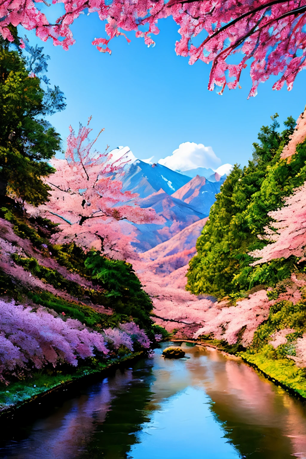 An exquisite masterpiece, a blossoming path to heaven, a cascade of cherry blossoms leading the way, a 4k high-detailed digital art, intricately painted with a delicate touch, each petal radiating in soft pink hues, reminiscent of a dreamy aesthetic, bathed in golden hour light. The path gently curves upwards, revealing the tranquil scene of a mountain landscape dotted with pagodas. The mountain peaks, adorned with snow, stretch towards the sky, creating a dramatic backdrop for the blossoming path. A serene lake lies below, reflecting the heavenly scenery. The artwork is highly detailed, filled