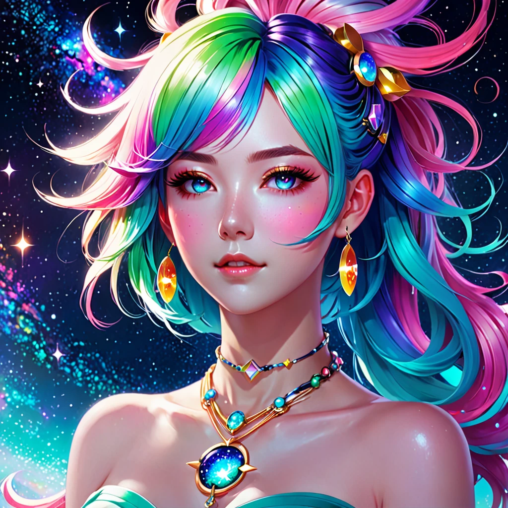 Close-up of a woman with colorful hair and necklace, anime girl with cosmic hair, Rossdraws' soft vitality, Gouvez style artwork, fantasy art style, colorful], vibrant fantasy style, Rossdraws cartoon full of vitality, cosmic and colorful, Guweiz, colorful digital fantasy art, stunning art style, beautiful anime style, white skin, subtle