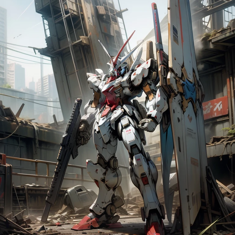 masterpiece, highest quality, Very detailed, 16k, Ultra-high resolution, Mobile Suit, White and blue with red body color, Beam rifle in right hand, Shield in left hand, A ruined cityscape in the background, Stand in the center