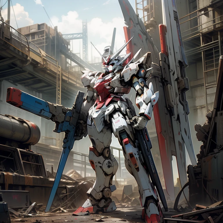 masterpiece, highest quality, Very detailed, 16k, Ultra-high resolution, Mobile Suit, White and blue with red body color, Beam rifle in right hand, Shield in left hand, A ruined cityscape in the background, Stand in the center