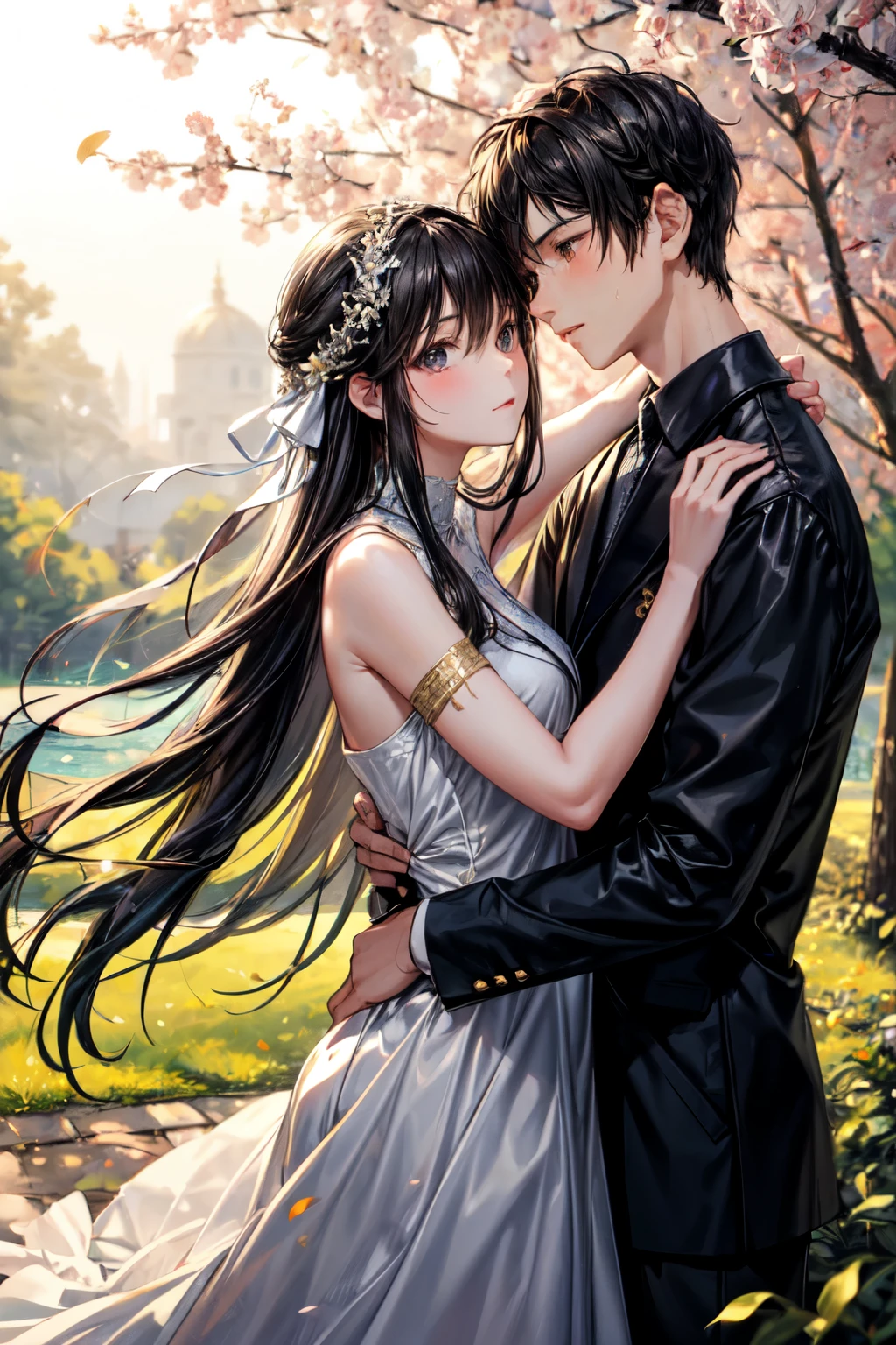 ((best quality)), ((masterpiece)), (detailed), (Perfect face),Create a tender, emotional scene featuring a girl standing with her head resting on a boy's chest. The girl has long, flowing hair and is wearing a simple, elegant dress. The boy, slightly taller, has his arms gently wrapped around her, providing comfort and protection. He is dressed in casual, modern clothing. They are standing in a serene park during the golden hour of sunset, with the warm, soft light creating a romantic and peaceful atmosphere. In the background, there are trees with leaves tinged in autumn colors, and a gentle breeze rustles through them. The overall mood of the image should be one of love, warmth, and tranquility.