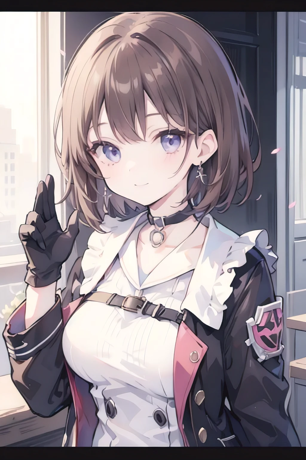 1girl, anime_coloring, black_eyes, black_gloves, brown_hair, choker, earrings, gloves, jewelry, letterboxed, parody, short_hair, smile, solo, style_parody,  ((one man and one woman,having sex))