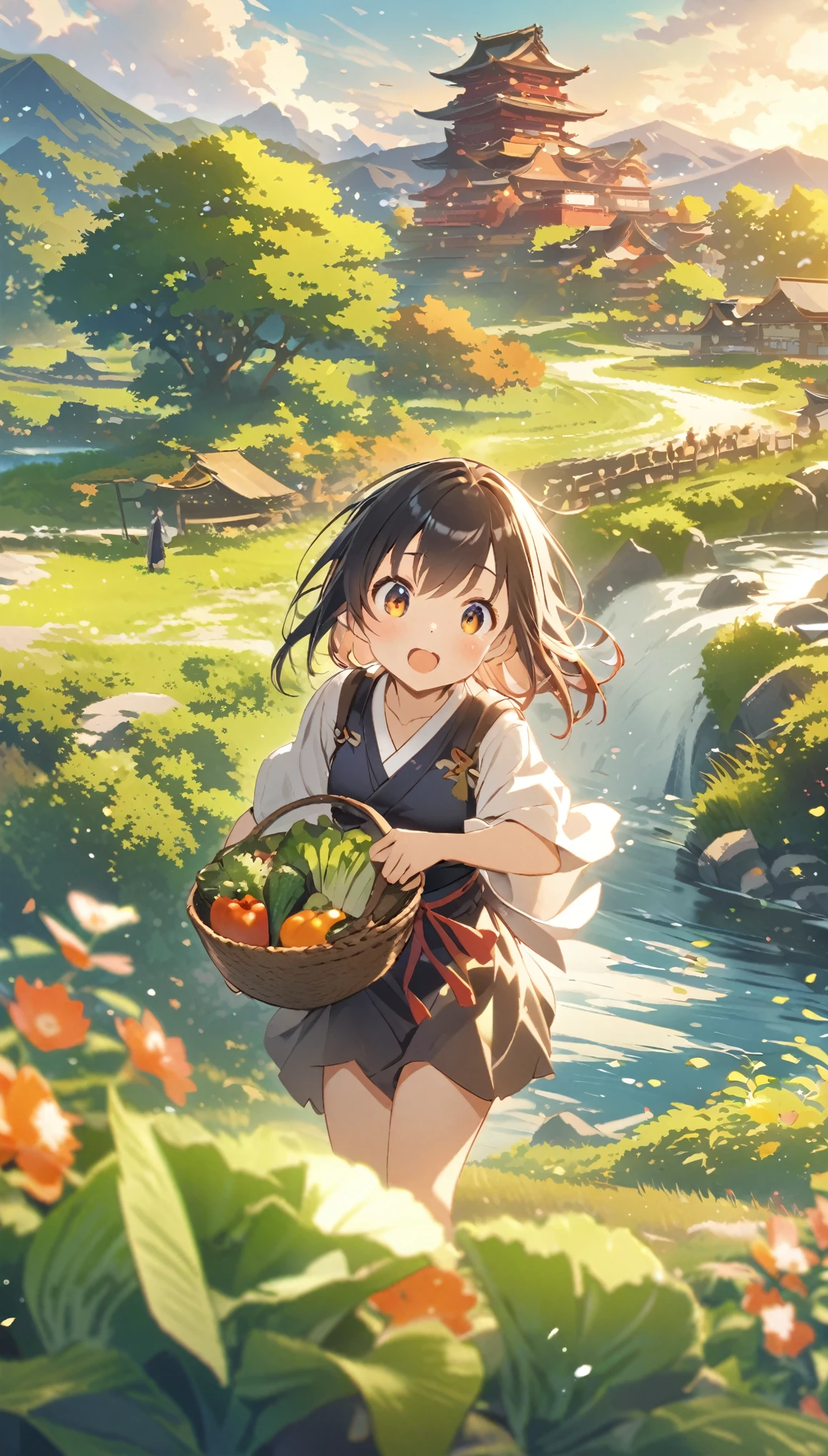 Japanese Landscape、field、vegetables、Harvesting girl、Asahi、cute