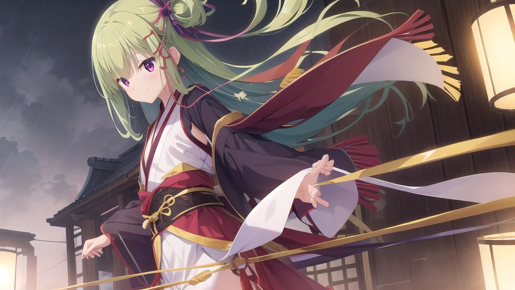 ((masterpiece)),(best quality),Official Art,Extremely detailed CG,Unity 8k Wallpaper,Super detailed,Beautiful and delicate eyes,Extremely detailed face,1 girl,solitary,,(whole body:1.5),(small:1.3),Smile,,Murasame,Very long hair,Green Hair,Face Up,Purple bow,hairpin,Side chains,Bangs,Red Eyes,Neck strap,Red belt,Elegant and beautiful，Splendid Hanfu，A Pole of Wind and Moon，A rain of smoke，Live in Diaotai West。