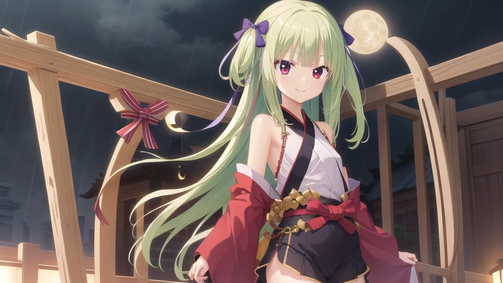 ((masterpiece)),(best quality),Official Art,Extremely detailed CG,Unity 8k Wallpaper,Super detailed,Beautiful and delicate eyes,Extremely detailed face,1 girl,solitary,,(whole body:1.5),(small:1.3),Smile,,Murasame,Very long hair,Green Hair,sides up,Purple bow,hairpin,Side Chain,Bangs,Red Eyes,Neck strap,Red belt,When the night is late and the wind is still, I want to go home,There is only one river, bright moon, blue glass,The lake light and autumn moon are two phases combined,The pool surface has no wind goggles and is not sharpened
