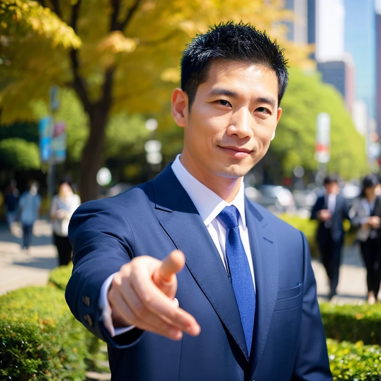 Asian man, 35 years old, short mohawk style hair., ใส่suitสีน้ำเงิน  ใส่suitสีน้ำเงินเข้มเน็คไทสีดำสีแดงมองตรงมาที่กล้องอย่างตั้งใจ ,((suit)), (handsome, sharp) , park, Detailed background, Modern cities, 16k photos, Shot with the highest quality, most modern Fuji camera 45,000,000 Chili peppers with light cells are too beautiful to be true.,