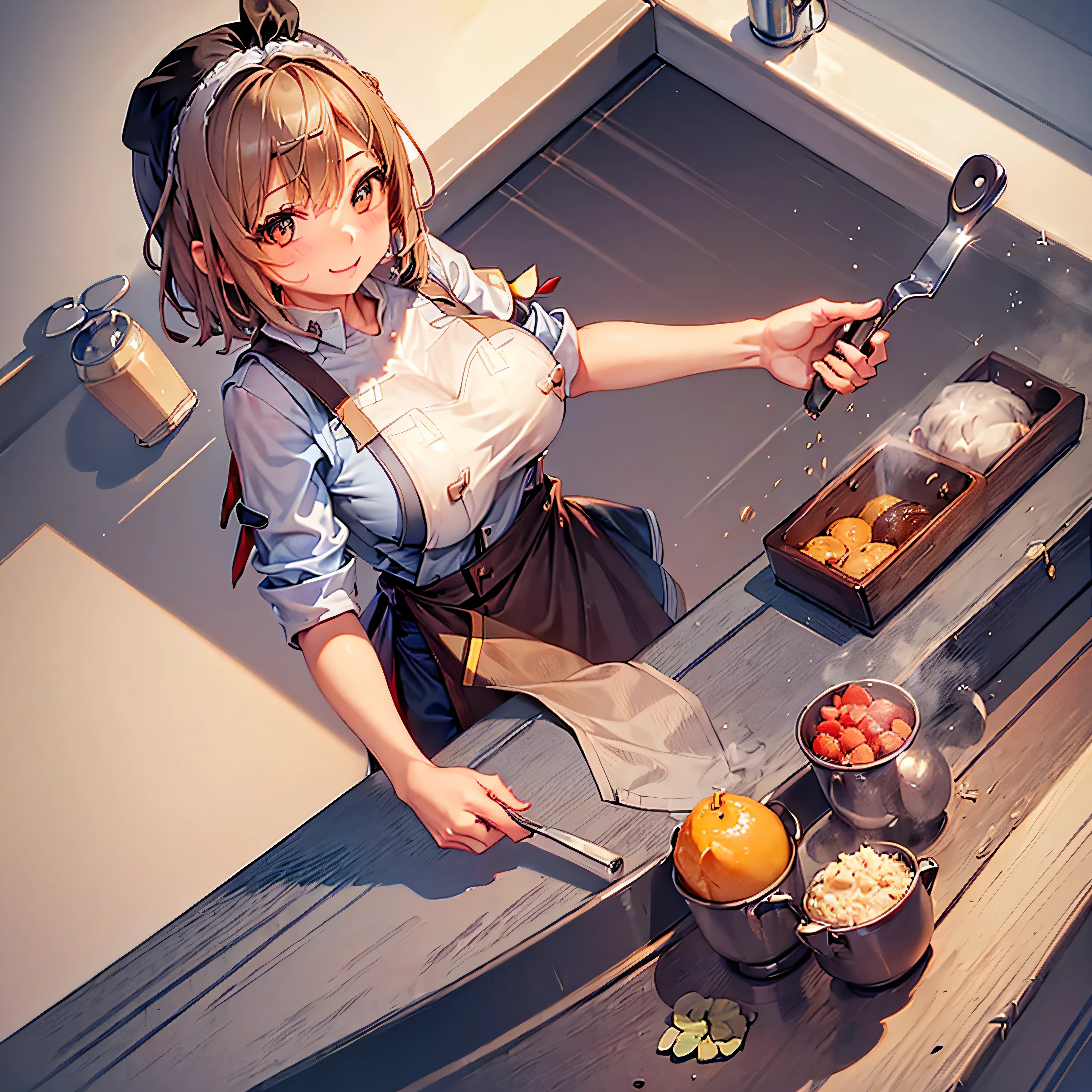 (((girl cook))), (kitchen apron), (preparing a meal), (looking up: 1 ,3),(perfect big breasts), (very cute), (perfect), ((viewer looking from above)), 4k, high definition, very cute, cimetric. in a kitchen