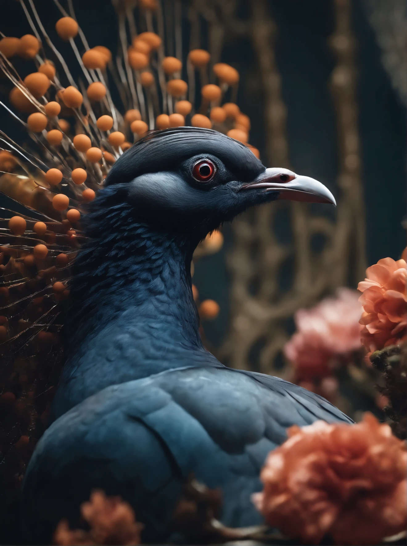 biomechanical of Victoria Crowned Pigeon, acrylic bubbles and flowers, ferrofluids, water distortions. looking up, intricate abstract. intricate artwork. beeple. blend of organic and mechanical elements, futuristic, cybernetic, detailed, intricate, dark theme, (in awe:1.2), confident, (surprised:0.7), style of Stan Manoukian
