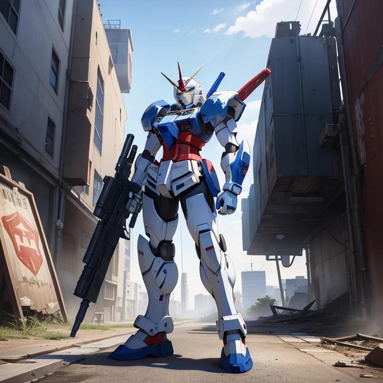 masterpiece, highest quality, Very detailed, 16k, Ultra-high resolution, Mobile Suit, White and blue with red body color, Beam rifle in right hand, Shield in left hand, A ruined cityscape in the background, Stand in the center