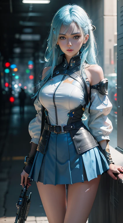 ((top-quality)), ((​masterpiece)), (detaileds:1.4), 。.。.。.3D, Beautiful Cyberpunk Woman Image,nffsw(HighDynamicRange),Ray traching,NVIDIA RTX,Hyper-Resolution,Unreal 5,Sub-surface scattering,PBR Texturing,Postprocess,Anisotropy Filtering,depth of fields,Maximum clarity and sharpness,multi-layer texture,Albedo and specular maps,Surface Shading,Accurate simulation of light-material interactions,perfectly proportions,Octane Rendering,Two-tone lighting,Wide aperture,Low ISO、White Balance、thirds rule、8K Raw、Blue hair、Blue eyes、a short skirt、White underwear、