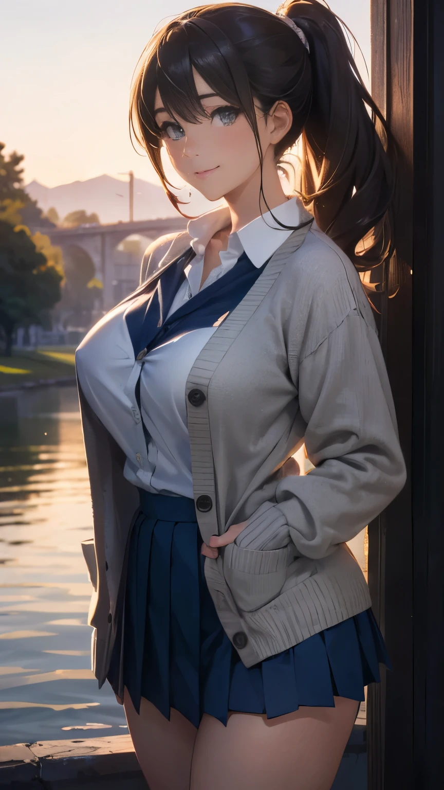 nsfw,(masterpiece:1.2, highest quality), (Realistic, photoRealistic:1.4), Beautiful illustrations, (Natural Side Lighting, Cinema Lighting),
View Viewer, Cowboy Shot, Front view:0.6, 1 girl, Japanese, high school girl, Perfect Face, Cute and symmetrical face, Shiny skin,
(Long Hair:1.4, High Ponytail:1.7, Light brown hair), Hair between the eyes, Emerald green eyes, Long Eyelashes, (Big Breasts:0.9, Thick thighs),
Beautiful Hair, Beautiful Face, Beautiful fine details, Beautiful clavicle, Beautiful body, Beautiful breasts, Beautiful thighs, Beautiful feet, Beautiful fingers,
((White collared shirt with long sleeves, Navy pleated mini skirt, Navy them, Light Gray Cardigan)), Showing off her pink panties、
(Beautiful views), evening, River side, (Cute smile, Upward glance), She's lifting up her skirt:1.5、Don't show your teeth、Showing off her breasts:1.5、The button is unbuttoned、Clothes are open、Open the shirt