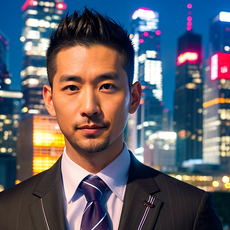 Asian man, 35 years old, short mohawk style hair., ใส่suitสีน้ำเงิน ใส่suitสีน้ำเงินเข้มเน็คไทสีดำ,Look straight at the camera intently ,((suit)), (handsome, sharp) , park, Detailed background, Modern cities, 16k photos, Shot with the highest quality, most modern Fuji camera 45,000,000 Chili peppers with light cells are too beautiful to be true.,