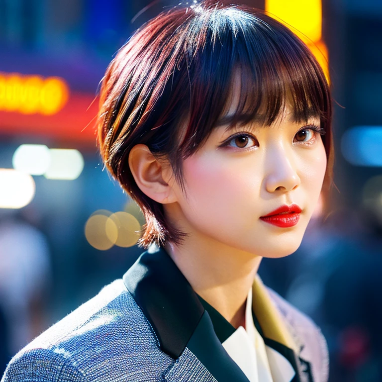 Asian man, 35 years old, short mohawk style hair., ใส่suitสีน้ำเงิน ใส่suitสีน้ำเงินเข้มเน็คไทสีดำ,Look straight at the camera intently ,((suit)), (handsome, sharp) , park, Detailed background, Modern cities, 16k photos, Shot with the highest quality, most modern Fuji camera 45,000,000 Chili peppers with light cells are too beautiful to be true.,