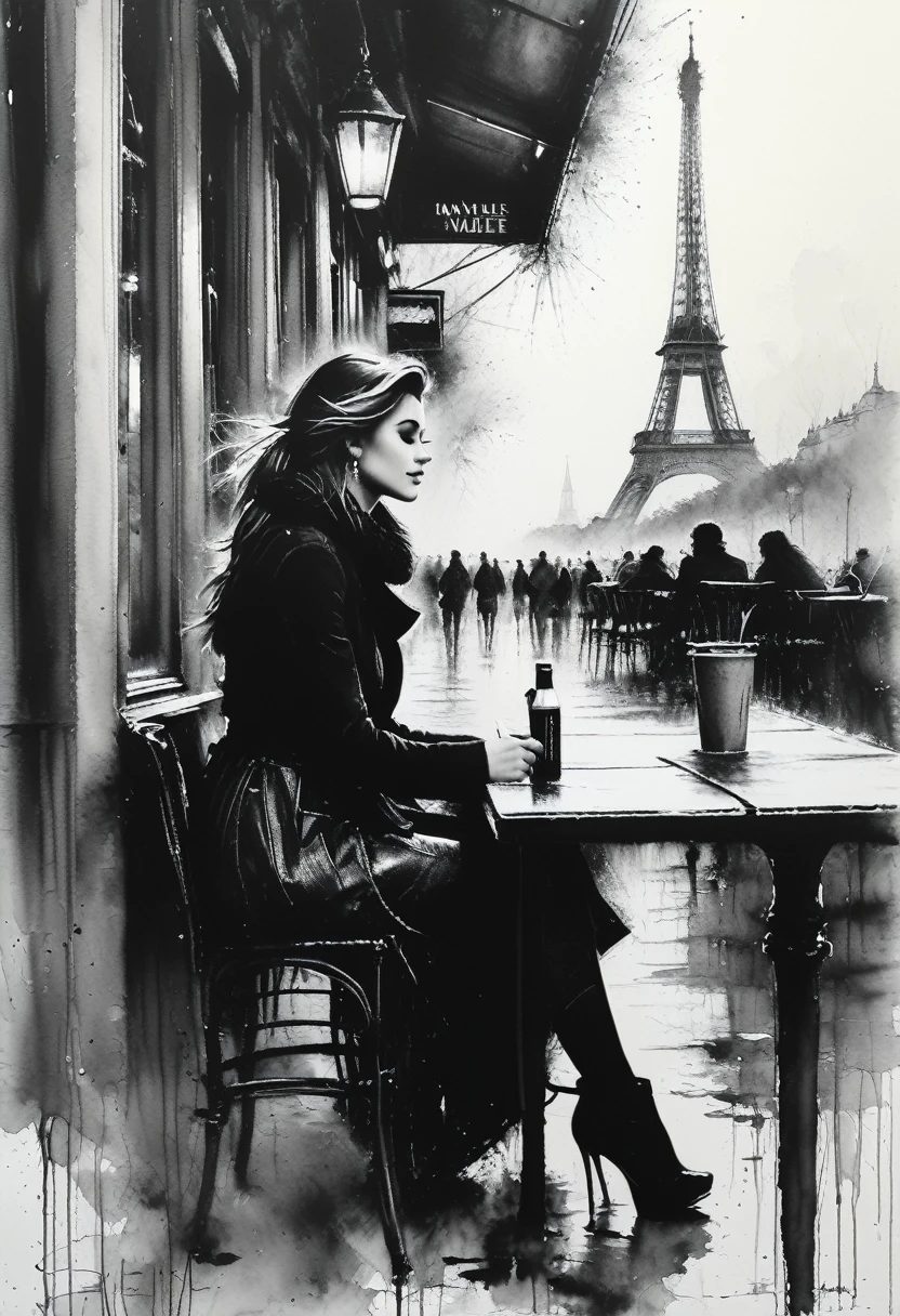 Charcoal drawing, crayons, black pencil drawing, pencil drawing, black and white drawing, graphite drawing, Poster, close-up, Full length, stunningly beautiful young woman sitting in a Parisian street cafe, portrait by Willem Henraets, watercolor, wet-on-wet and splatter technique, center, perfect composition, abstraction, surrealism Charcoal drawing, painting in the style of artists such as Russ Mills, Sakimichan, Vlop, Leush, Artgerm, Darek Zabrocki and Jean-Baptiste Monge,