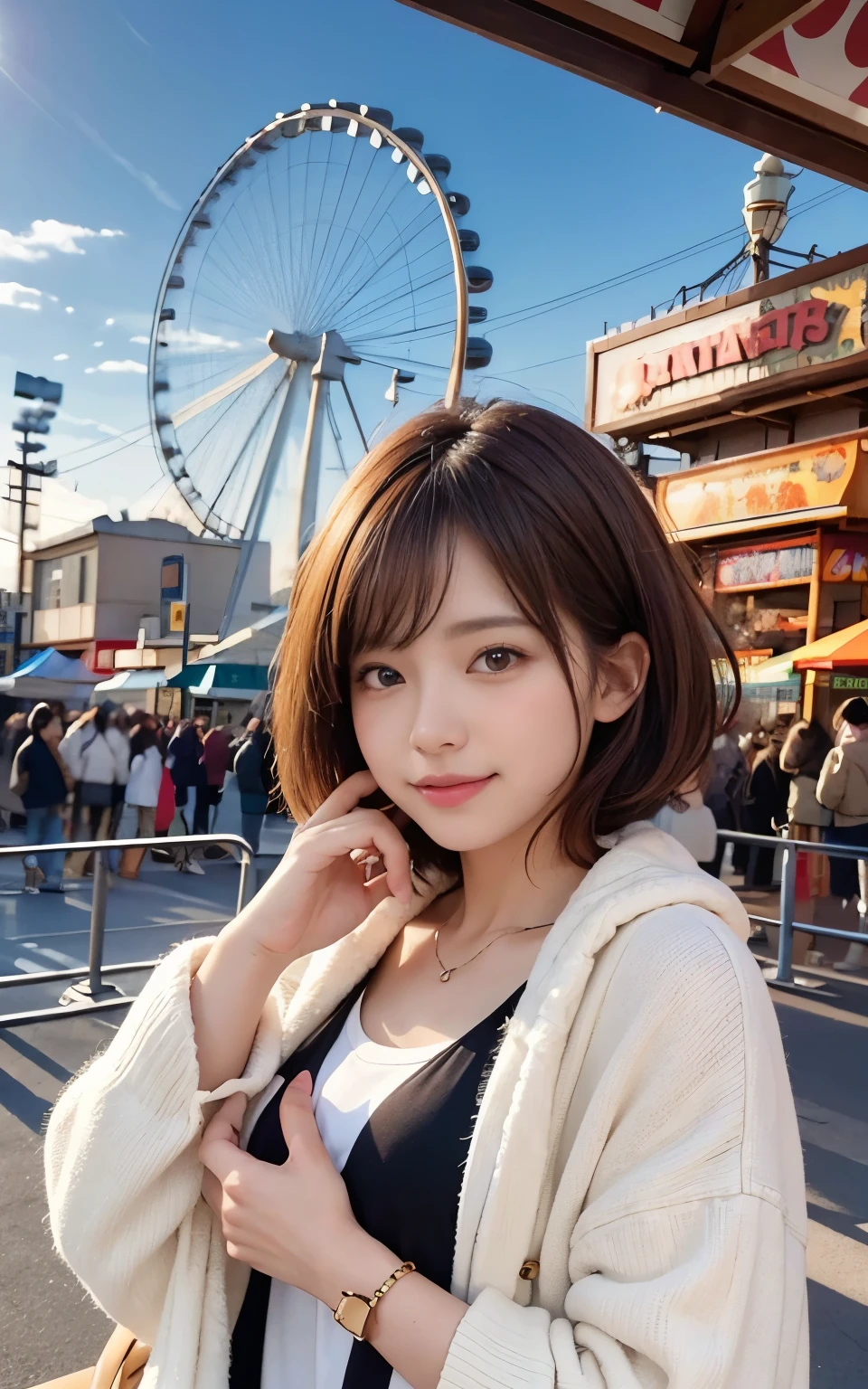cute 21 year old japanese、amusement park、Clear skies、Light of the sun、Ferris wheel、super detail face、pay attention to details、double eyelid、beautiful thin nose、sharp focus:1.2、Beautiful woman:1.4、(light brown hair,short hair、),pure white skin、highest quality、masterpiece、ultra high resolution、(Photoreal:1.4)、Highly detailed and professional lighting、nice smile、Show the whole body、Cute winter clothes、